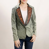 ADBZ023 Genuine leather Hand tooled hand carved Women 100% cotton Denim Blazer dress jacket ladies Girl