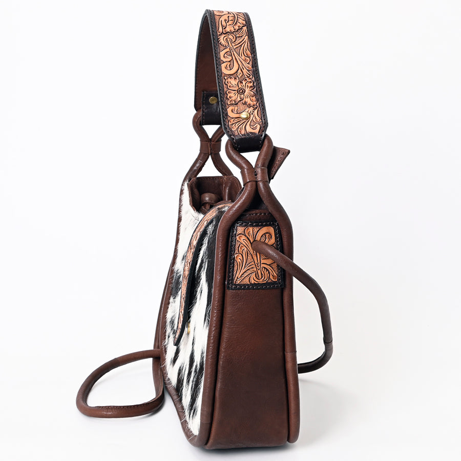 American Darling Hair-On Cowhide Hand Tooled Floral Carved Genuine Leather Hobo Bag Vegetable-Tanned Western Everyday