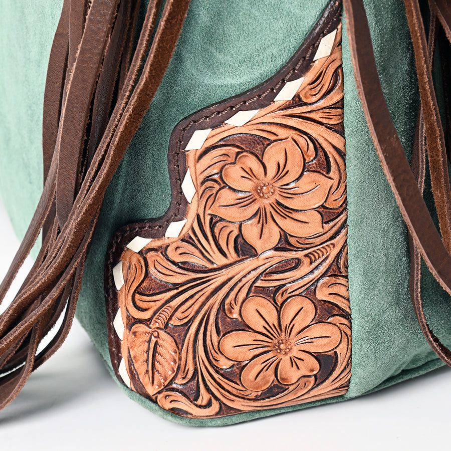 American Darling Hand Tooled Floral Carved Suede Genuine Leather Fringe Hobo Bag Buck Stitched Eco-Friendly Western