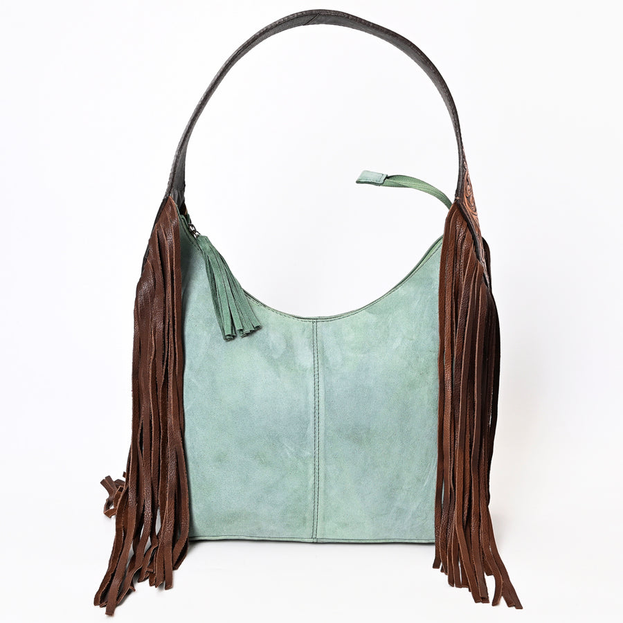 American Darling Hand Tooled Floral Carved Suede Genuine Leather Fringe Hobo Bag Vegetable-Tanned Eco-Friendly Western