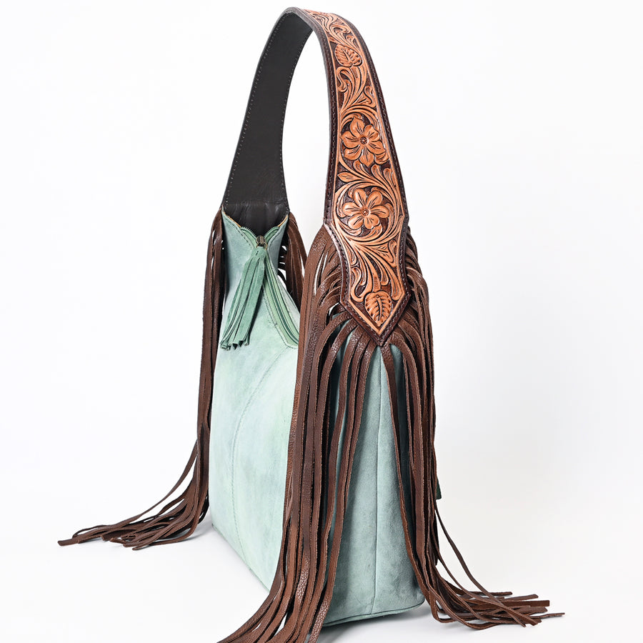 American Darling Hand Tooled Floral Carved Suede Genuine Leather Fringe Hobo Bag Vegetable-Tanned Eco-Friendly Western