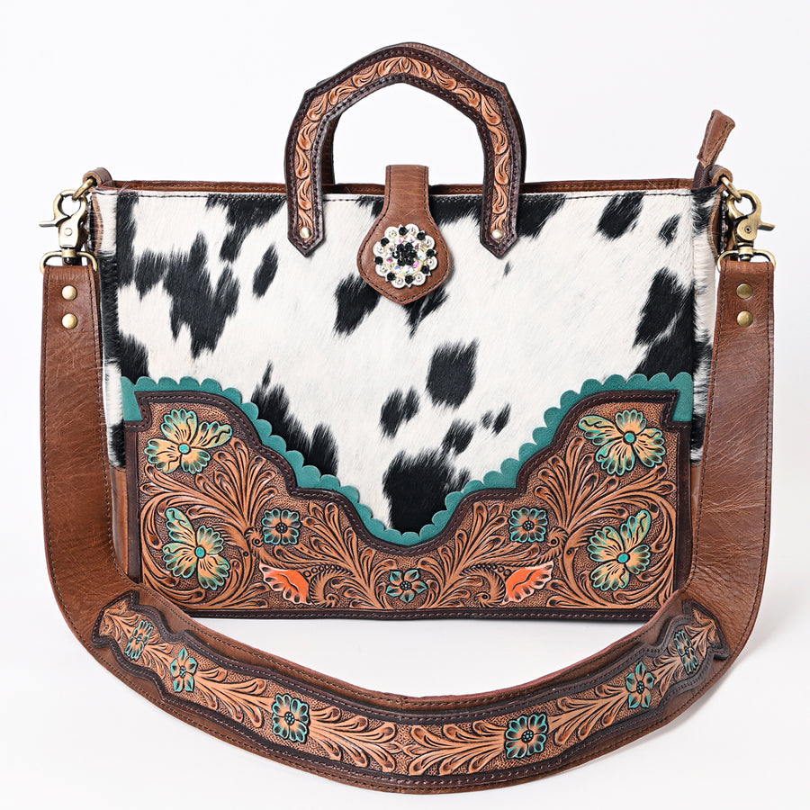 American Darling Hair-On Cowhide Hand Tooled Floral Carved Genuine Leather Tote Bag Concho Vegetable-Tanned Western Everyday