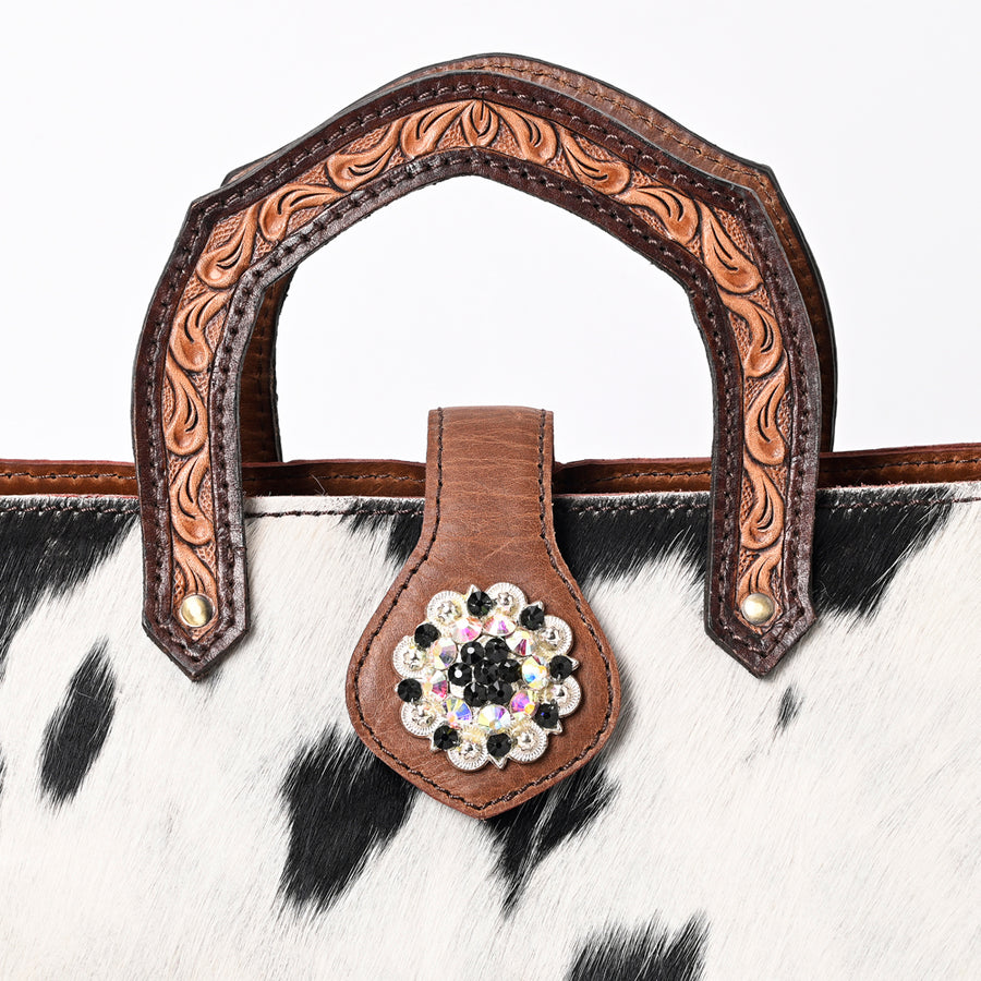 American Darling Hair-On Cowhide Hand Tooled Floral Carved Genuine Leather Tote Bag Concho Vegetable-Tanned Western Everyday