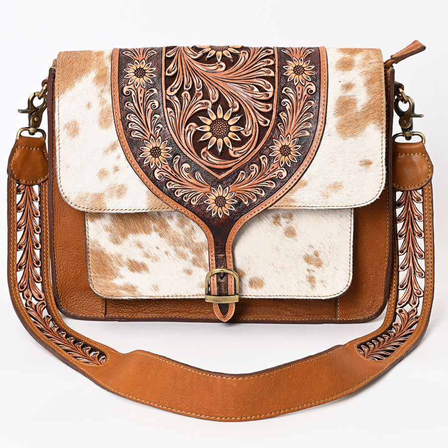 American Darling Hair-On Cowhide Hand Tooled Floral Carved Genuine Leather Messenger Bag Vegetable-Tanned Eco-Friendly