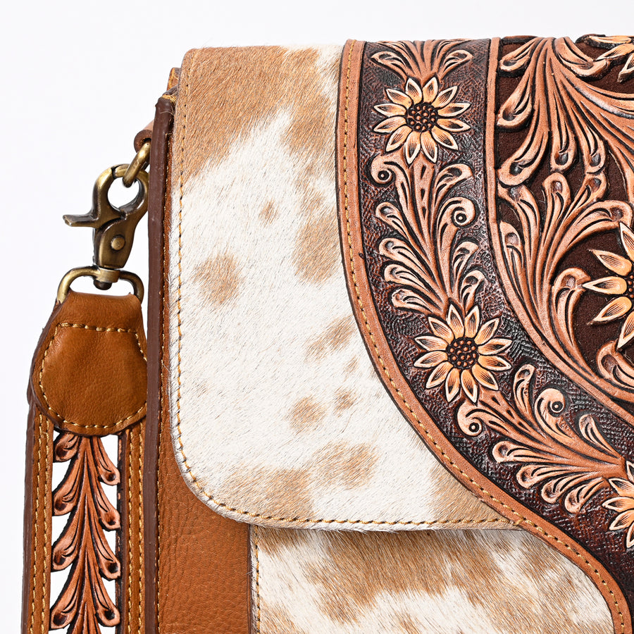 American Darling Hair-On Cowhide Hand Tooled Floral Carved Genuine Leather Messenger Bag Vegetable-Tanned Eco-Friendly