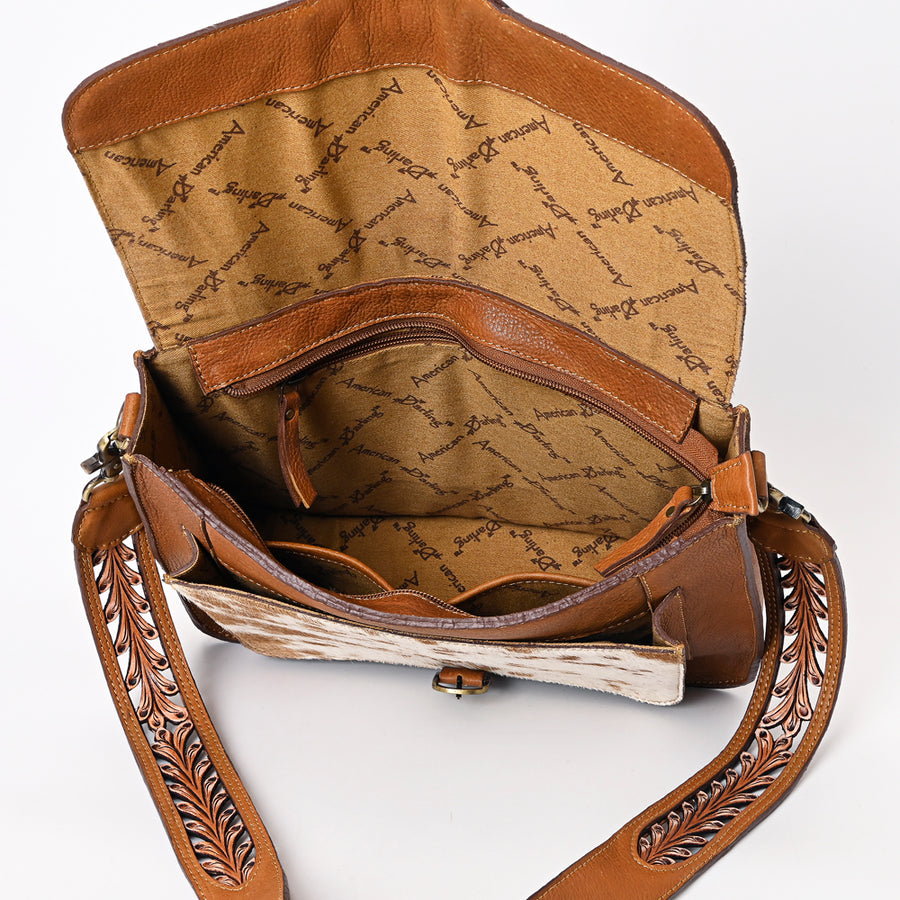 American Darling Hair-On Cowhide Hand Tooled Floral Carved Genuine Leather Messenger Bag Vegetable-Tanned Eco-Friendly