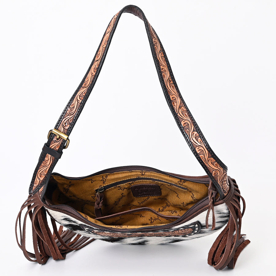 American Darling Hand Tooled Floral Carved Hair-On Cowhide Genuine Leather Fringe Hobo Bag Vegetable-Tanned Eco-Friendly