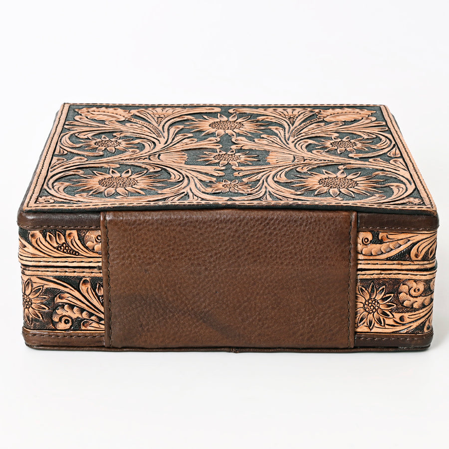 American Darling Jewelry Case for Women - Hair-On Cowhide, Hand Tooled Floral Carved Genuine Leather Travel Organizer