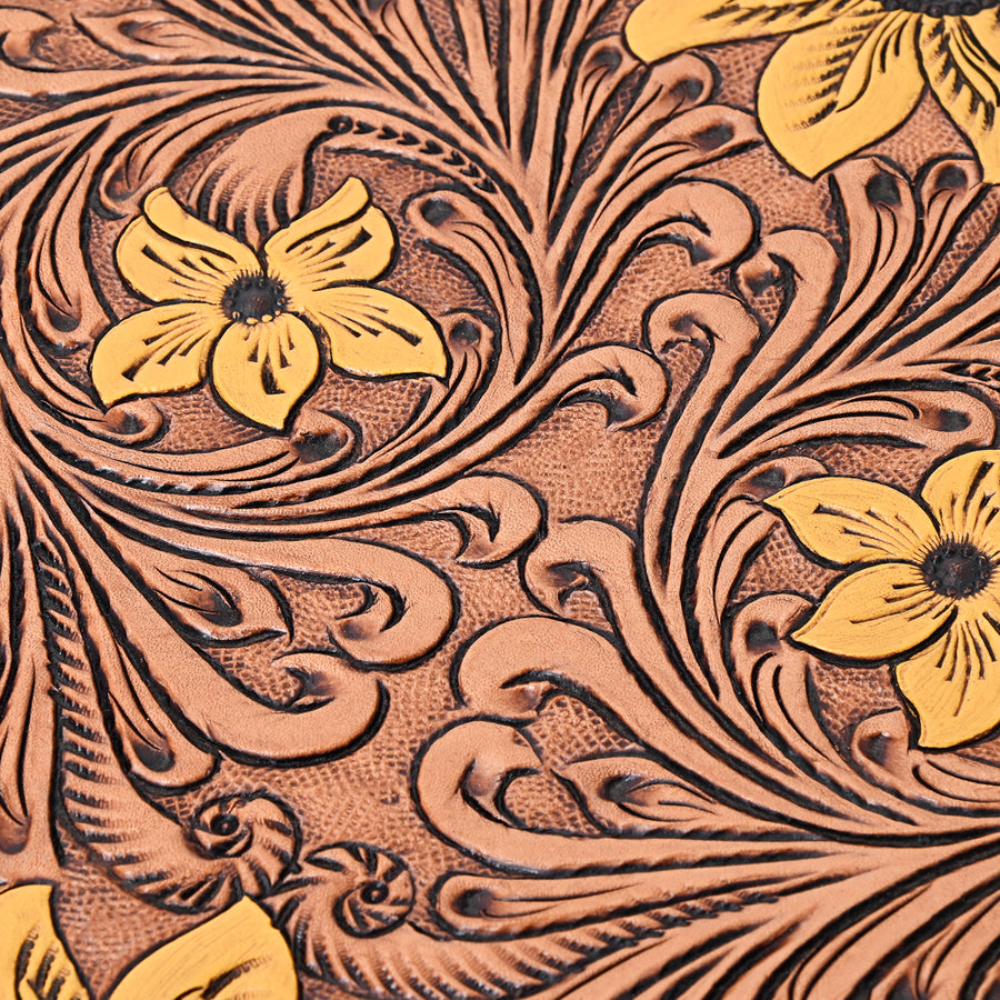 American Darling Jewelry Case for Women - Hair-On Cowhide, Hand Tooled Floral Carved Genuine Leather Travel Organizer