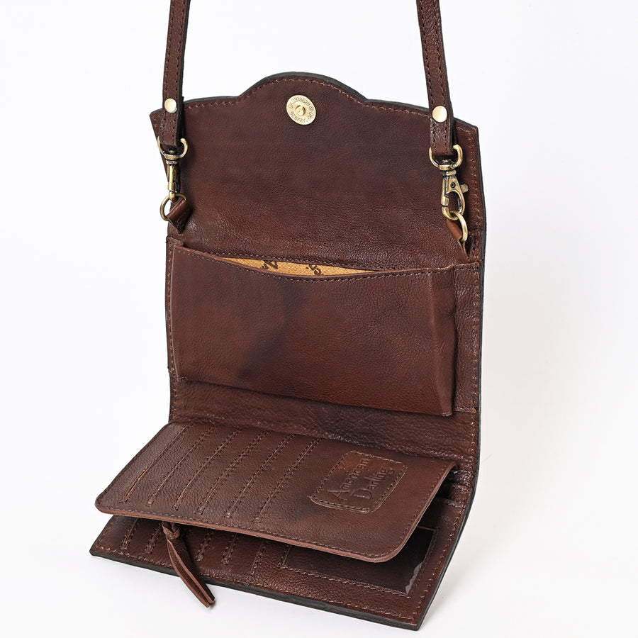 American Darling Hand Tooled Floral Carved Genuine Leather Small Cross body Bag Buck Stitched Vegetable-Tanned Eco-Friendly