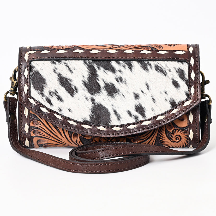 American Darling Hair-On Cowhide Hand Tooled Floral Carved Buck Stitched Genuine Leather Small Cross body Bag Vegetable-Tanned