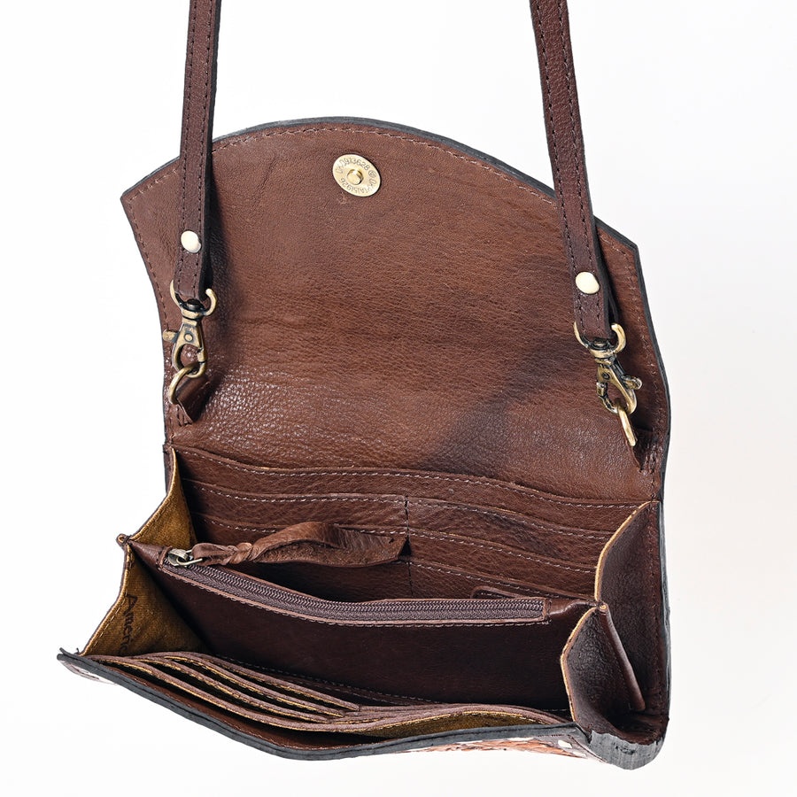 American Darling Hair-On Cowhide Hand Tooled Floral Carved Buck Stitched Genuine Leather Small Cross body Bag Vegetable-Tanned