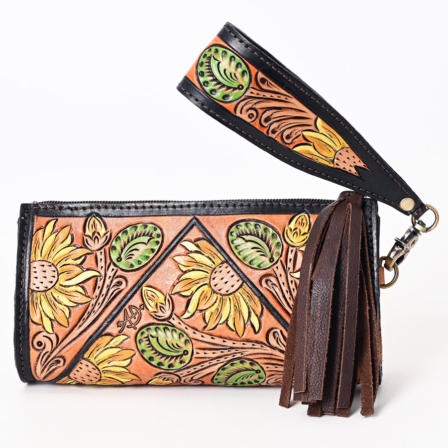 American Darling Hand Tooled Floral Carved Genuine Leather Fringe Wristlet Bag Vegetable-Tanned Eco-Friendly Western