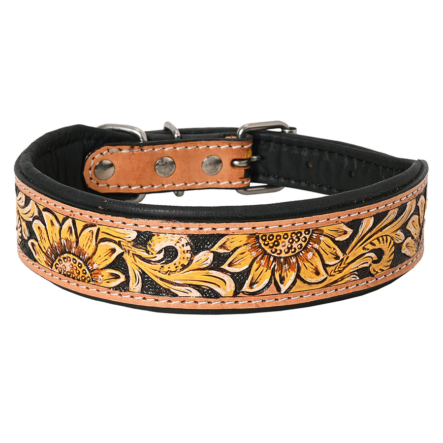 Large Hilason Western Hand Carved Floral Genuine Leather Dog Collar Tan / Black Inlay With Tooled and Painted - Hilason
