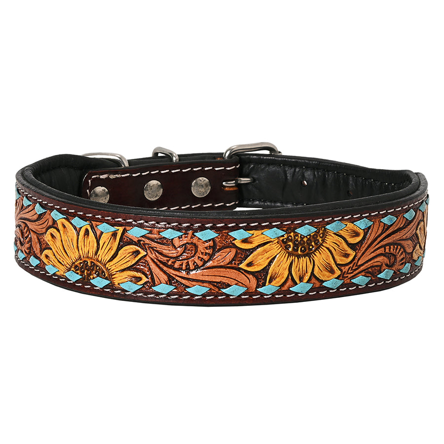 Medium Hilason Western Hand Carved Floral Genuine Leather Dog Collar Brown With Tooled and Painted - Hilason