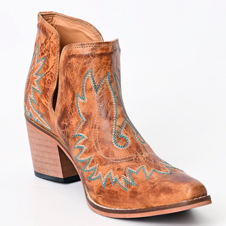 American Darling Women’s Western Ankle Boots Handcrafted Tan Leather Booties with Turquoise Stitching & Side Cutouts