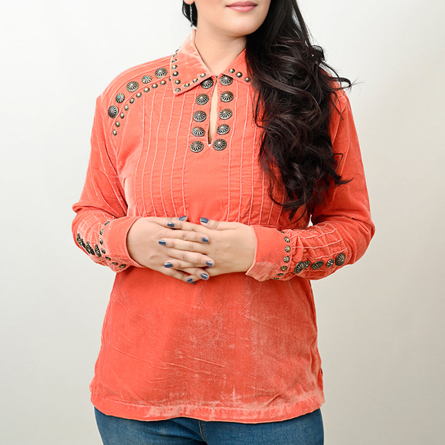 American Darling Velvet Women shirt dress Tunic Ladies girl Top Orange| Vintage Leather
