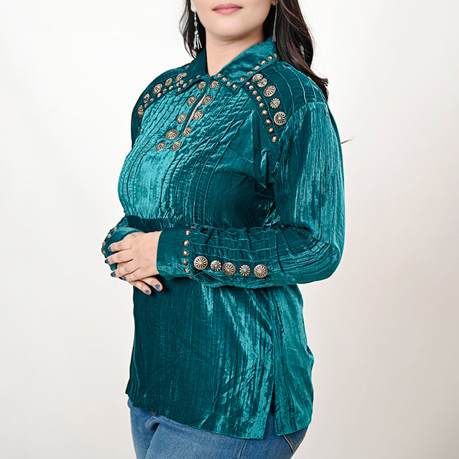 American Darling Velvet Women shirt dress Tunic Ladies girl Top Teal | Vintage Leather