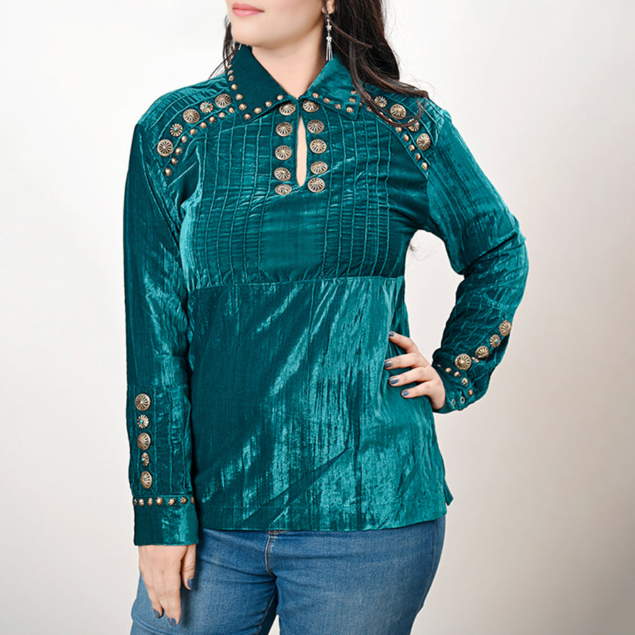 American Darling Velvet Women shirt dress Tunic Ladies girl Top Teal | Vintage Leather