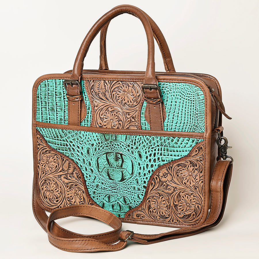 American Darling Turquoise Crocdile Embossed and Hand Tooled Leather Briefcase Tote - Hilason