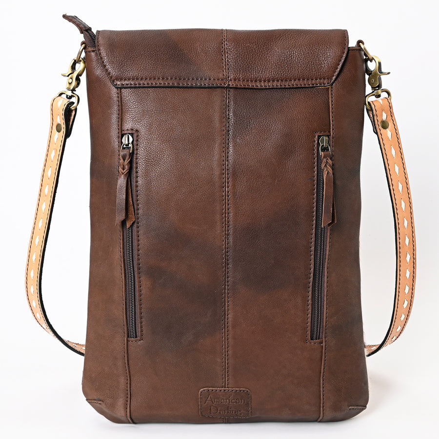 American Darling Hair-On Cowhide Hand Tooled Floral Carved Genuine Leather Messenger Bag Buck Stitched Vegetable-Tanned