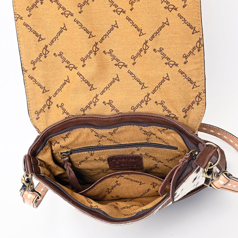 American Darling Hair-On Cowhide Hand Tooled Floral Carved Genuine Leather Messenger Bag Buck Stitched Vegetable-Tanned