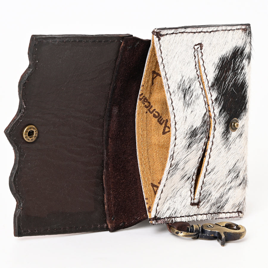 American Darling Hair-On Cowhide Hand Tooled Floral Carved Genuine Leather Coin Purse Buck Stitched Vegetable-Tanned