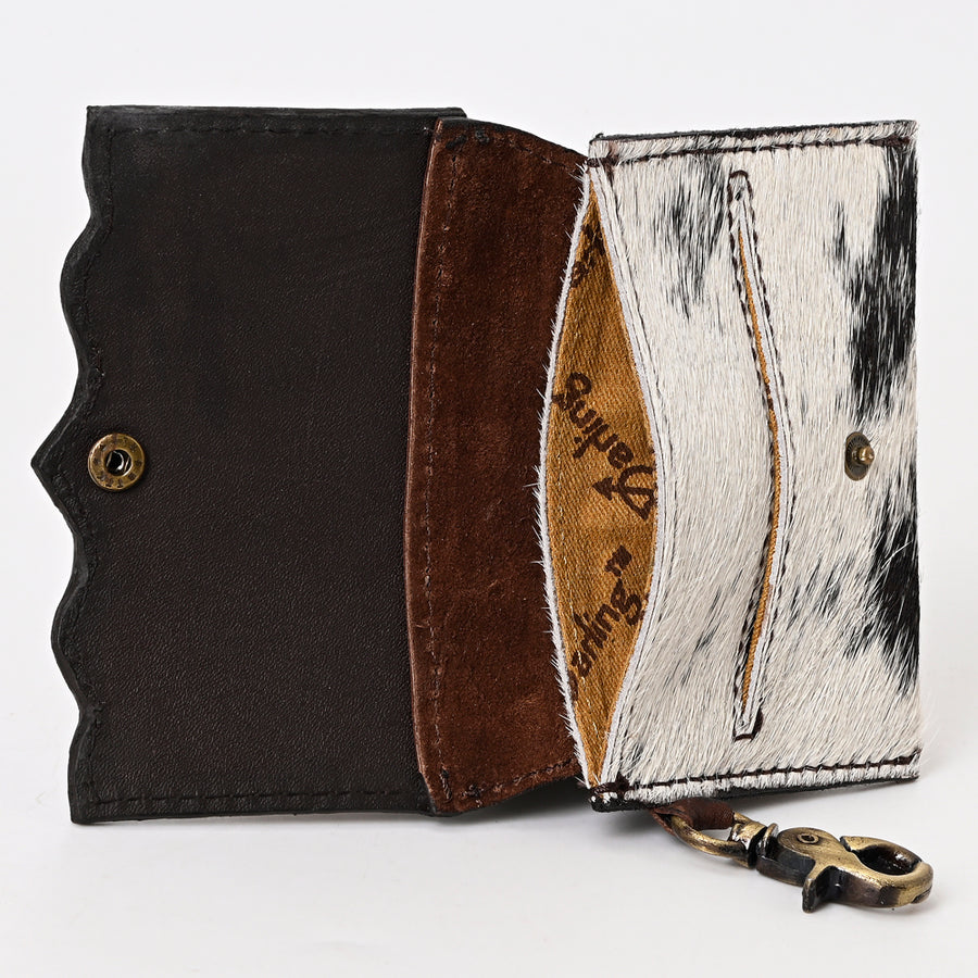 American Darling Hair-On Cowhide Hand Tooled Floral Carved Genuine Leather Coin Purse Buck Stitched Vegetable-Tanned