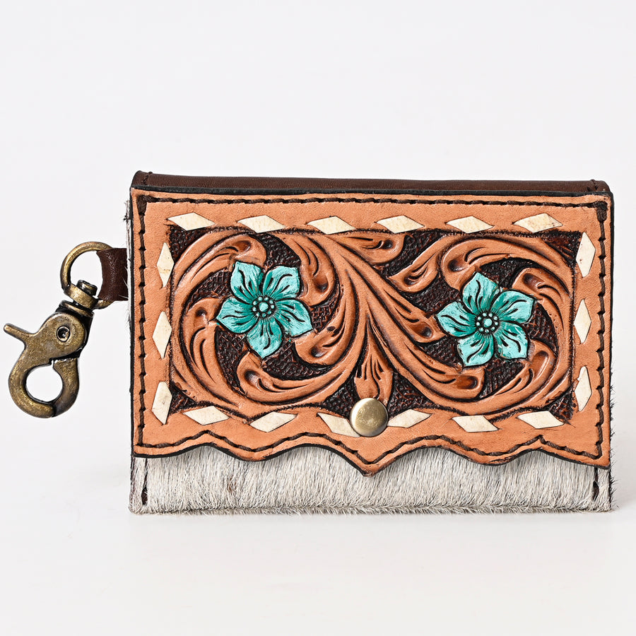 American Darling Hair-On Cowhide Hand Tooled Floral Carved Genuine Leather Coin Purse Buck Stitched Vegetable-Tanned