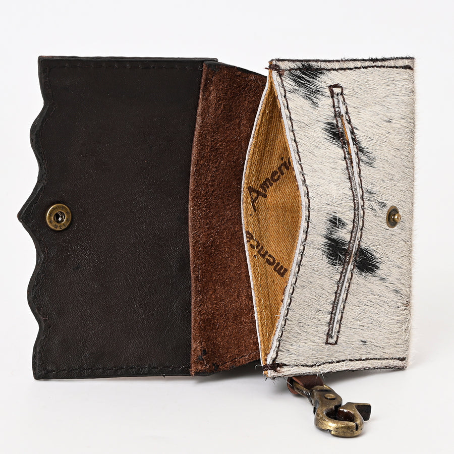 American Darling Hair-On Cowhide Hand Tooled Floral Carved Genuine Leather Coin Purse Buck Stitched Vegetable-Tanned