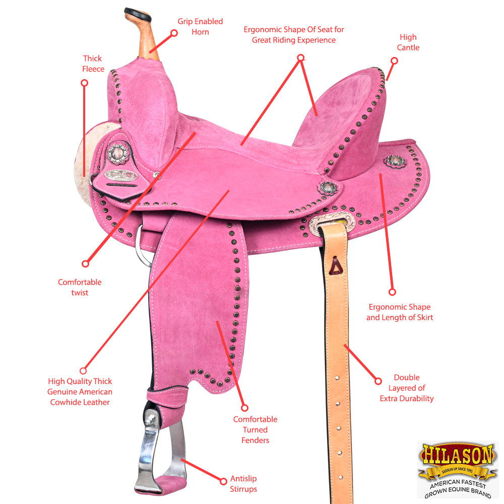 Hilason Western Horse Flex Tree Barrel Trail In Suede Leather Saddle Pink