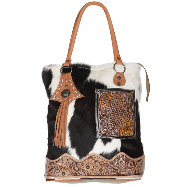 USA Stamp Upcycled Canvas & Hair-On Leather Tote Bag - Western Style, 17" X 16", Fold Over Buckle Closure