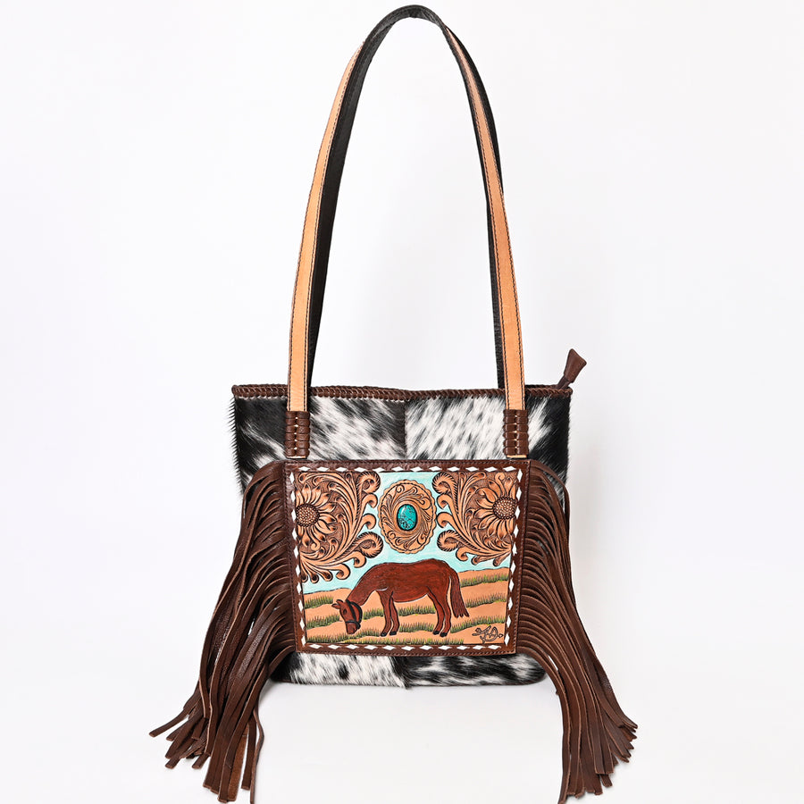 American Darling Hair-On Cowhide Fringe Tote Bag Hand Tooled Floral Carved Buck Stitched Braided Genuine Leather Vegetable-Tanned