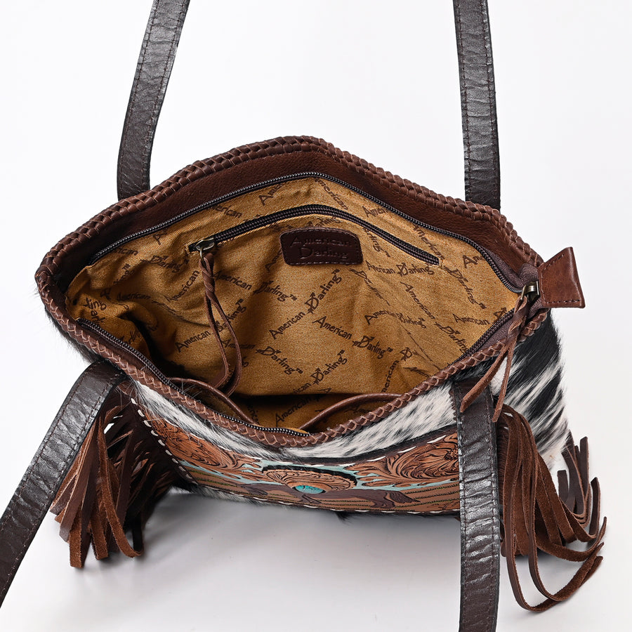 American Darling Hair-On Cowhide Fringe Tote Bag Hand Tooled Floral Carved Buck Stitched Braided Genuine Leather Vegetable-Tanned