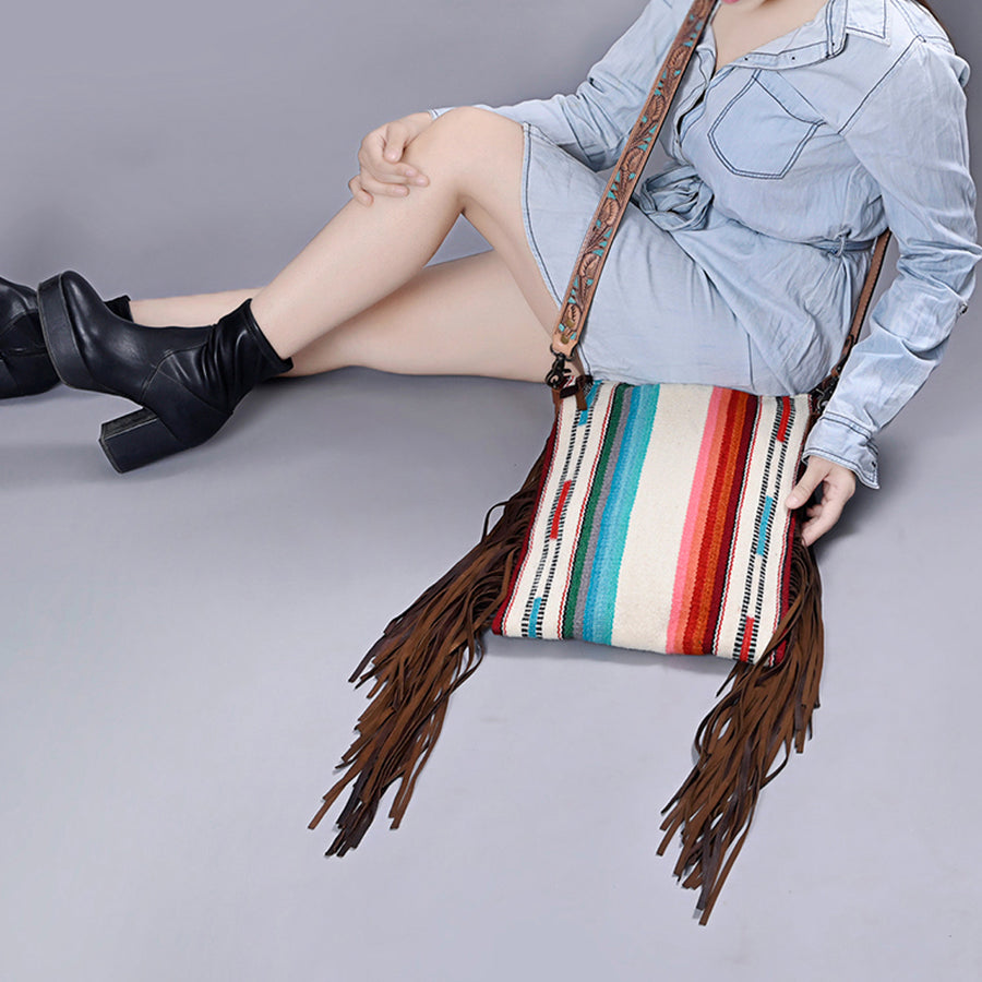 American Darling Large Cross body Bag, Hand Tooled Floral Leather, Hand Woven Saddle Blanket with Fringes, Western Crossbody