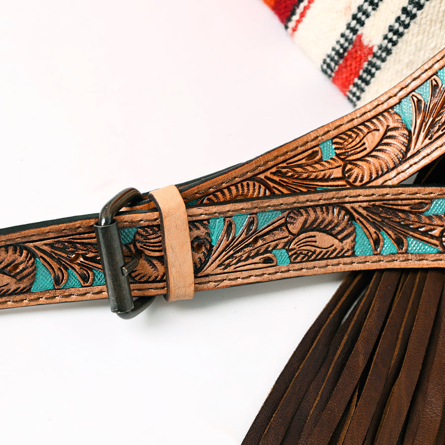 American Darling Large Cross body Bag, Hand Tooled Floral Leather, Hand Woven Saddle Blanket with Fringes, Western Crossbody