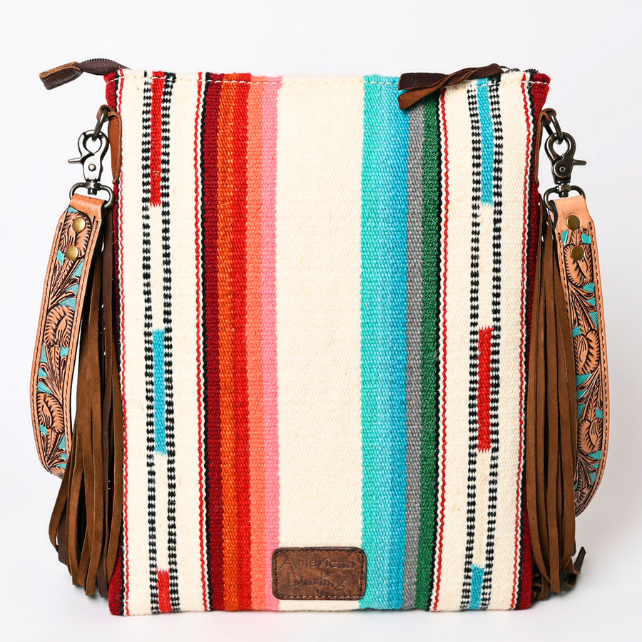 American Darling Large Cross body Bag, Hand Tooled Floral Leather, Hand Woven Saddle Blanket with Fringes, Western Crossbody