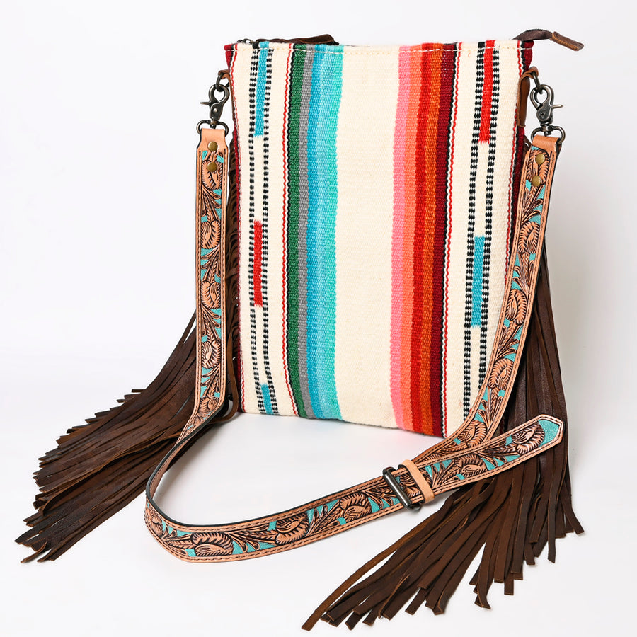 American Darling Large Cross body Bag - Hand Tooled Floral Leather and Woven Saddle Blanket Purse - Uhorse