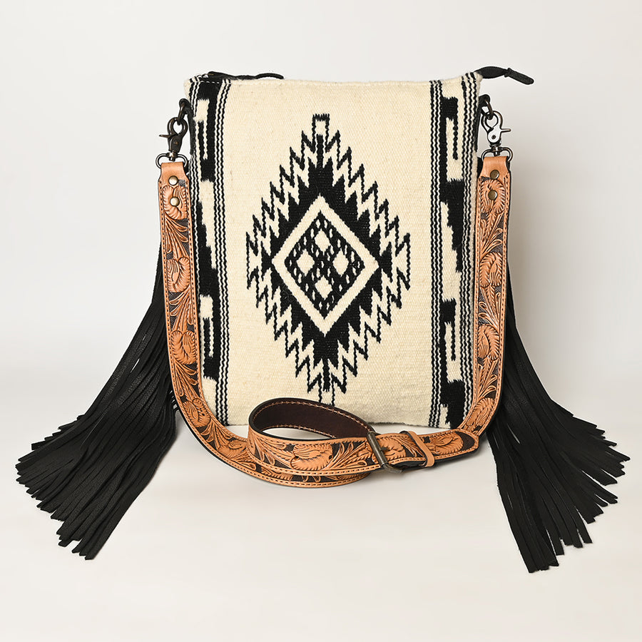 American Darling Large Cross body Bag, Hand Tooled Floral Leather, Hand Woven Saddle Blanket with Fringes, Western Crossbody