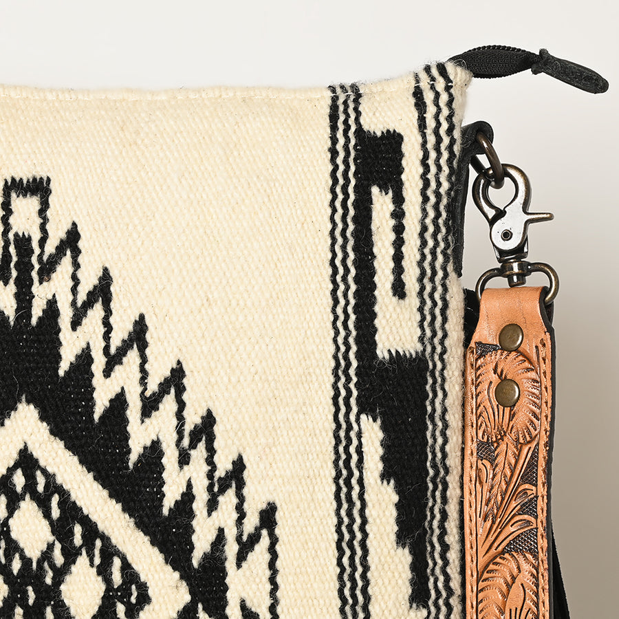 American Darling Large Cross body Bag, Hand Tooled Floral Leather, Hand Woven Saddle Blanket with Fringes, Western Crossbody
