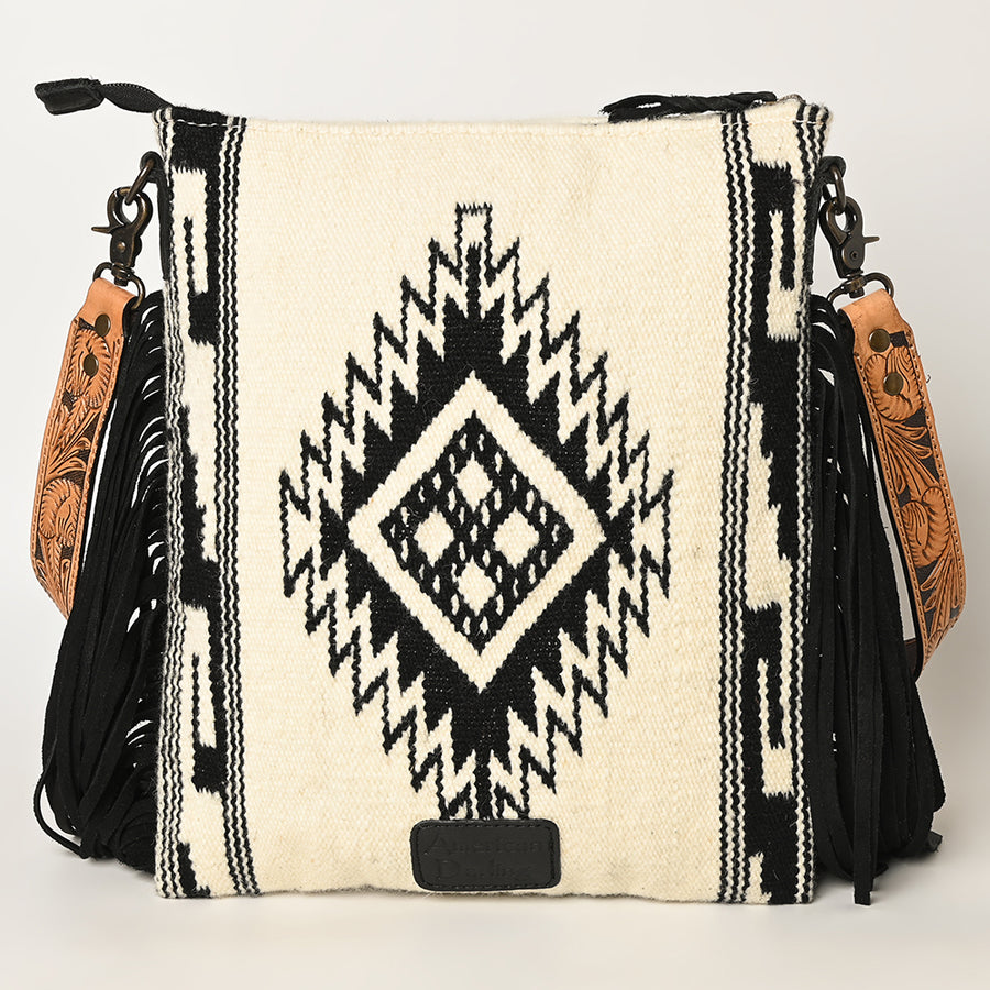 American Darling Large Cross body Bag, Hand Tooled Floral Leather, Hand Woven Saddle Blanket with Fringes, Western Crossbody