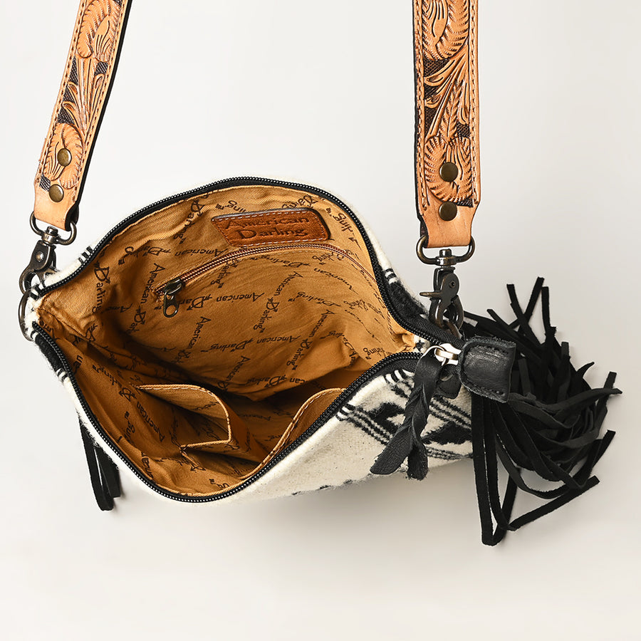 American Darling Large Cross body Bag, Hand Tooled Floral Leather, Hand Woven Saddle Blanket with Fringes, Western Crossbody