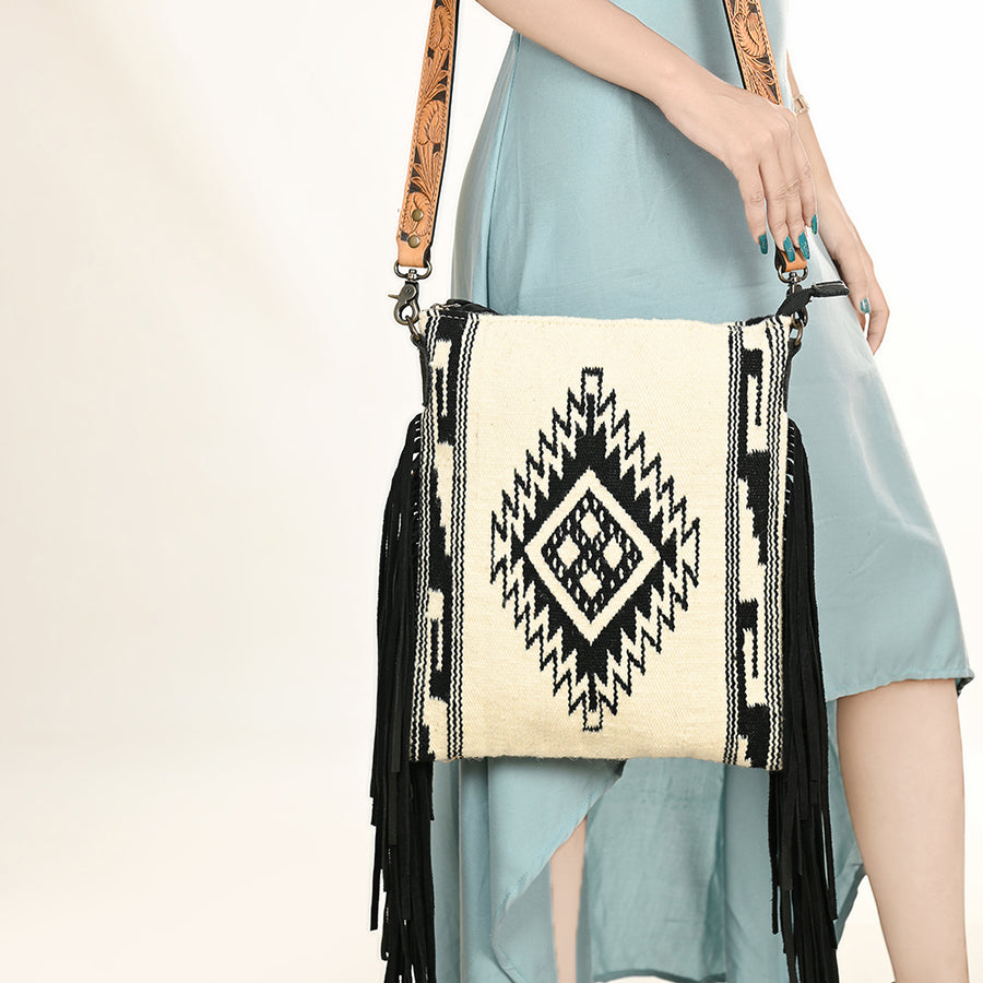 American Darling Large Cross body Bag, Hand Tooled Floral Leather, Hand Woven Saddle Blanket with Fringes, Western Crossbody