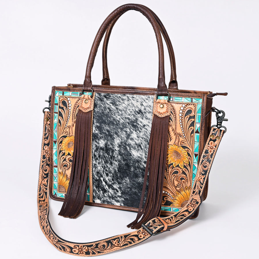 American Darling Western Tote Bag - Handcrafted Hair-On Cowhide and Hand Tooled Leather - Uhorse