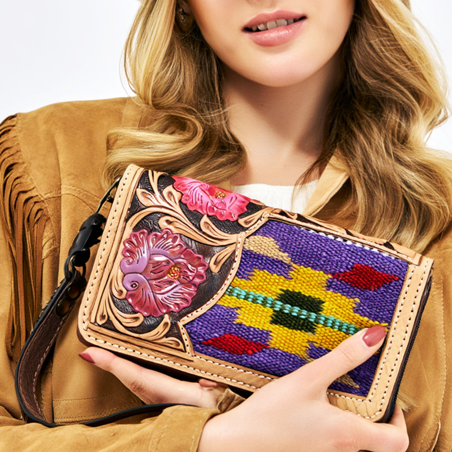 American Darling Western Organizer Bag Hand Woven Saddle Blanket Hand Tooled Leather Small Organizer 4.5in (H) X 8in (W)
