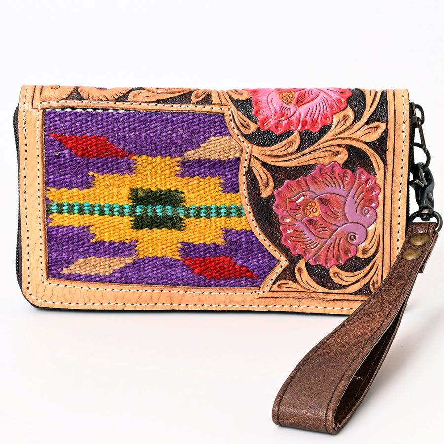 American Darling Western Organizer Bag Hand Woven Saddle Blanket Hand Tooled Leather Small Organizer 4.5in (H) X 8in (W)