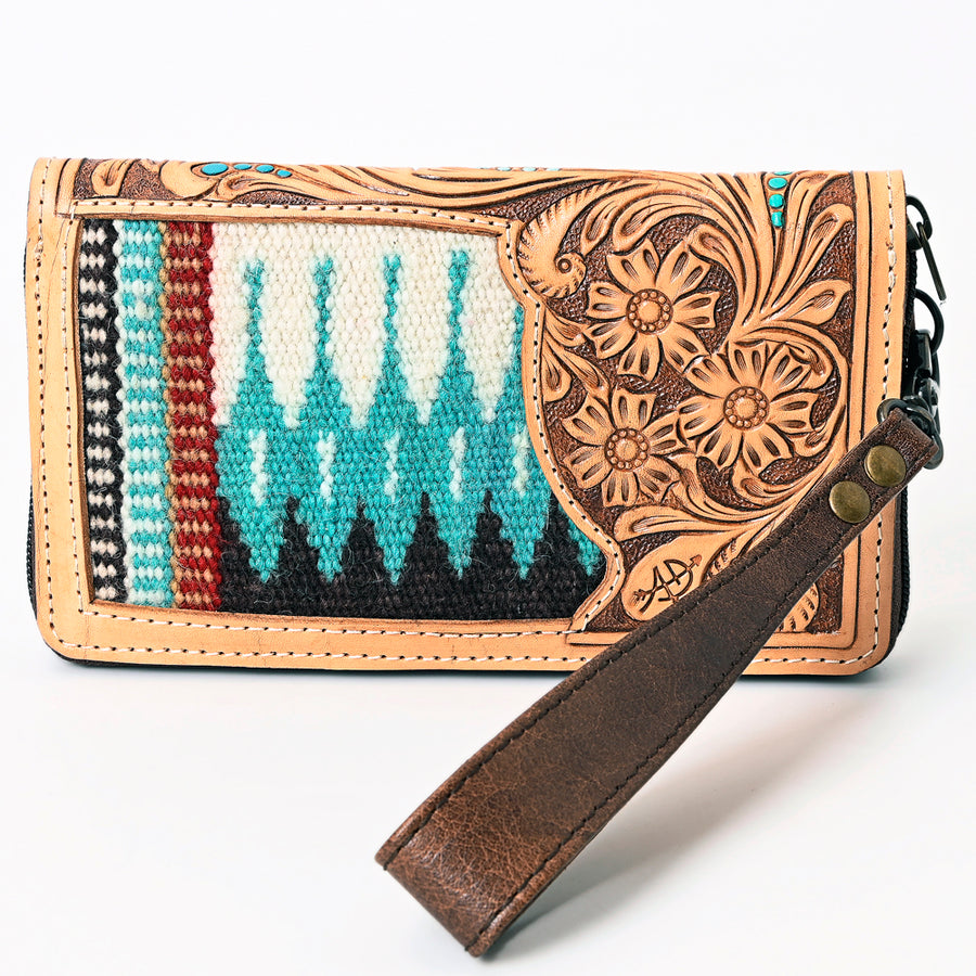 American Darling Western Organizer Bag Hand Woven Saddle Blanket Hand Tooled Leather Small Organizer 4.5in (H) X 8in (W)