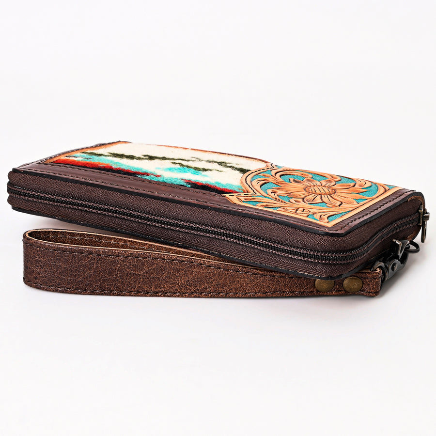 American Darling Western Organizer Bag Hand Woven Saddle Blanket Hand Tooled Leather Small Organizer 4.5in (H) X 8in (W)