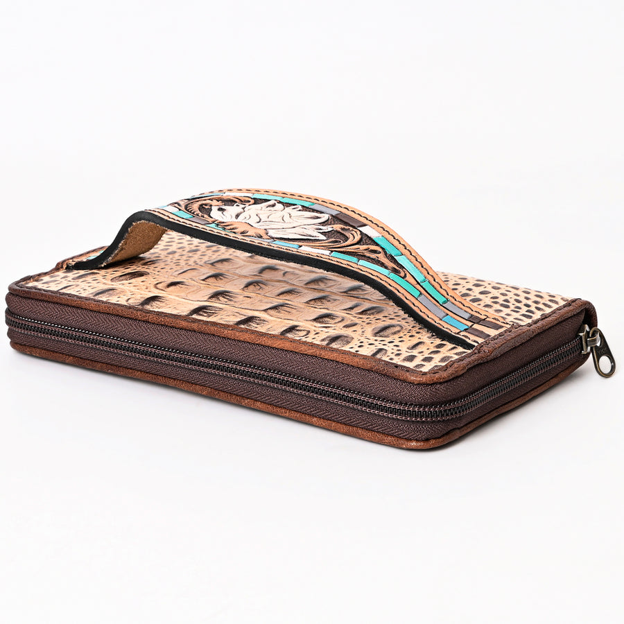 American Darling Western Leather Wallet Bag Crocodile Embossed Genuine Leather Hand Tooled 4.5in (H) X 8in (W)