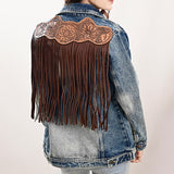 ADJKT018 Genuine leather Hand tooled hand carved Women 100% cotton Denim jacket dress ladies girl
